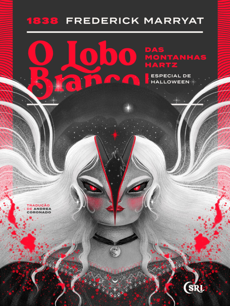 ilustração de lobisomen mulher surreal cabeça se abrindo saindo um lobo sangue espalhado lua e noite estrelada ao fundo